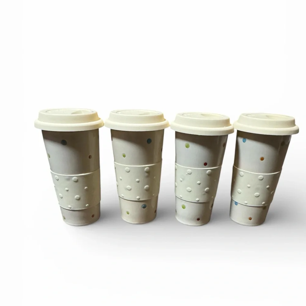 Temp-Tations Cream Polka Dot 12oz Mug Bundle 4 Cups With Lids
